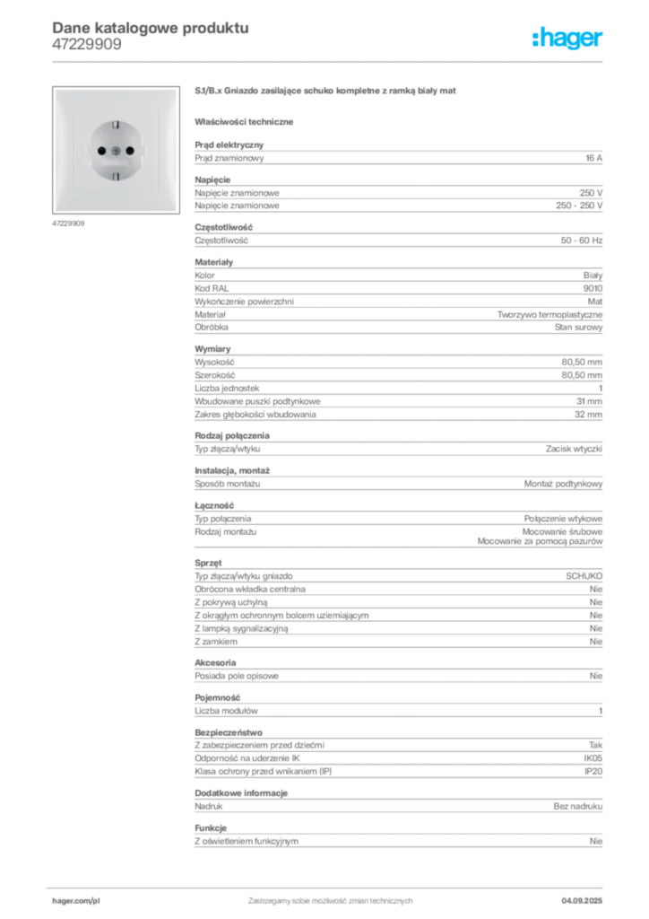 Zdjęcie Hager Dane katalogowe produktu 47229909 | Hager Polska