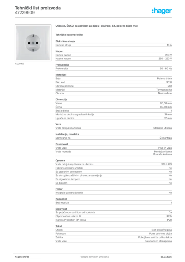 Slika Hager Product data sheet 47229909  | Hager