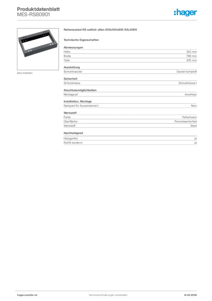 Bild Hager Produktdatenblatt MES-RS80901 | Hager Schweiz