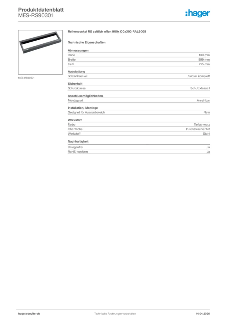Bild Hager Produktdatenblatt MES-RS90301 | Hager Schweiz