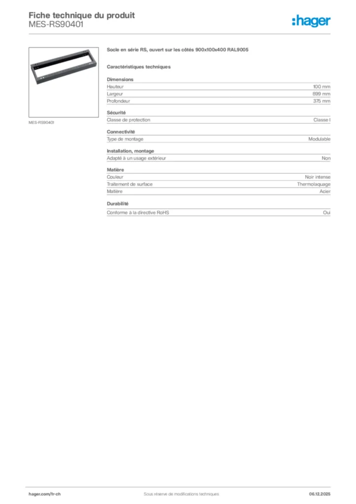 Image Hager Fiche technique du produit MES-RS90401 | Hager Suisse