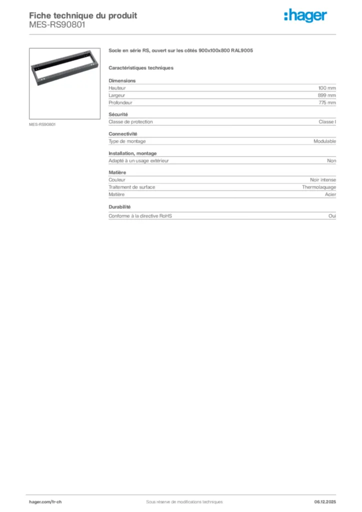 Image Hager Fiche technique du produit MES-RS90801 | Hager Suisse