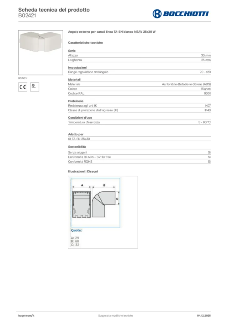 Immagine Bocchiotti Scheda tecnica del prodotto B02421 | Hager Italia