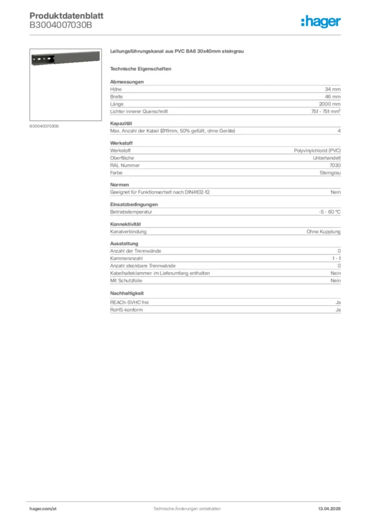Bild Hager Produktdatenblatt B3004007030B | Hager Deutschland