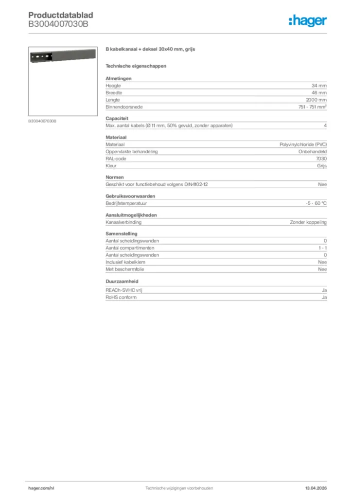 Afbeelding Hager Productdatablad B3004007030B | Hager Nederland