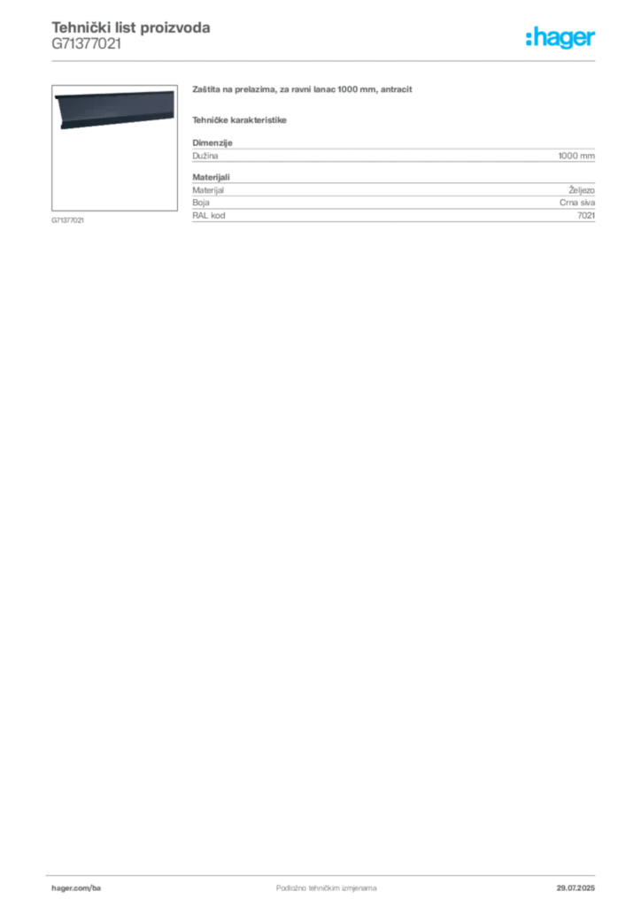 Slika Hager Product data sheet G71377021  | Hager