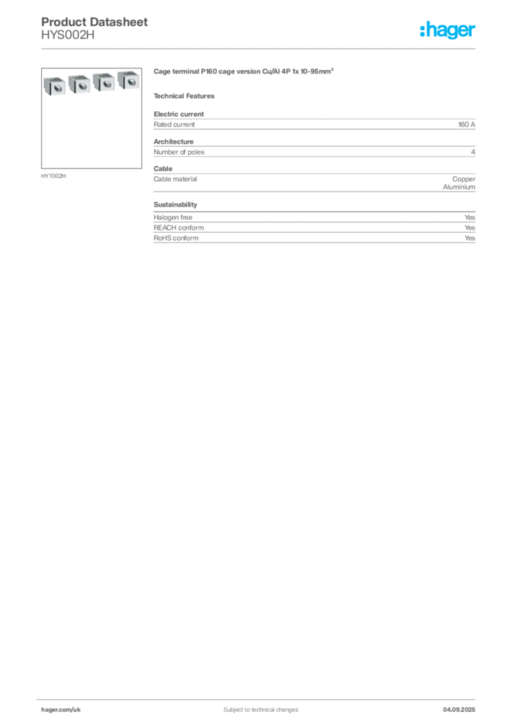 Image Hager Product data sheet HYS002H  | Hager