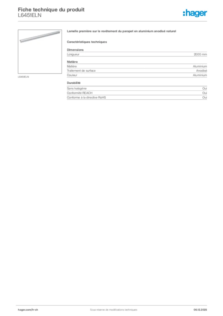 Image Hager Fiche technique du produit L6451ELN | Hager Suisse