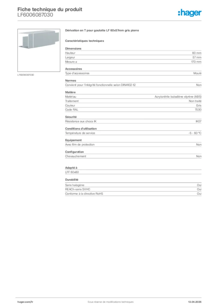 Image Hager Fiche technique du produit LF6006087030 | Hager France