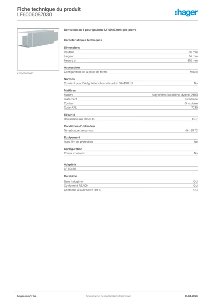 Image Hager Fiche technique du produit LF6006087030 | Hager Belgique