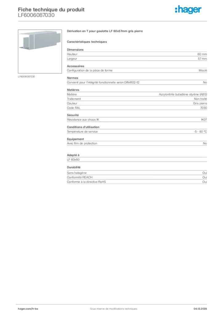Image Hager Fiche technique du produit LF6006087030 | Hager Belgique