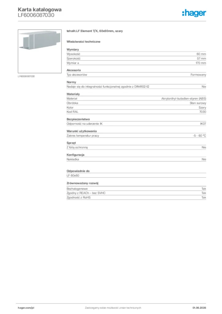 Zdjęcie Hager Karta katalogowa LF6006087030 | Hager Polska
