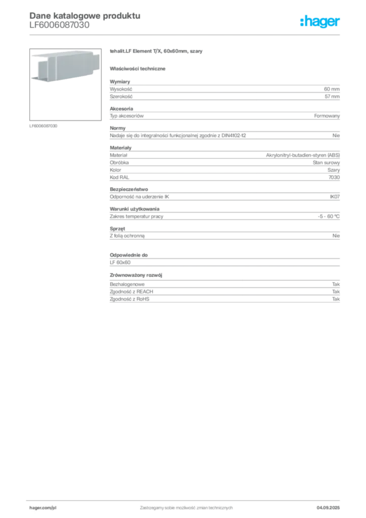 Zdjęcie Hager Dane katalogowe produktu LF6006087030 | Hager Polska