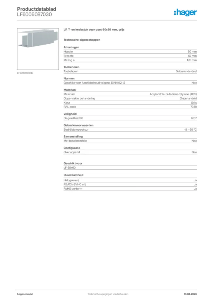 Afbeelding Hager Productdatablad LF6006087030 | Hager Nederland