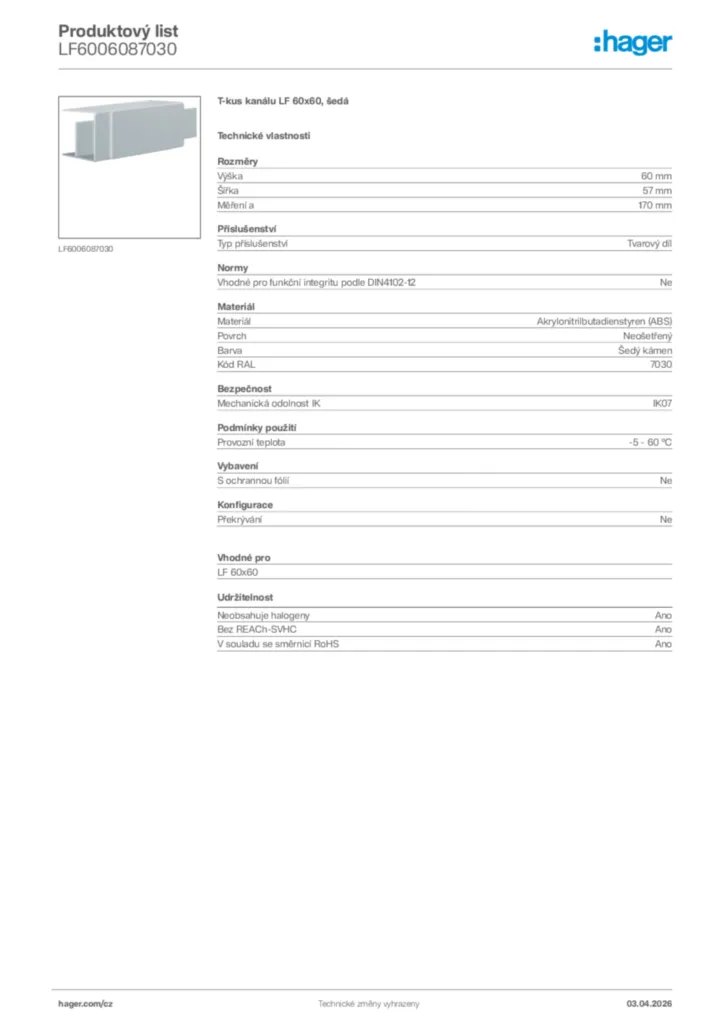 Obrázek Hager Product data sheet LF6006087030 | Hager