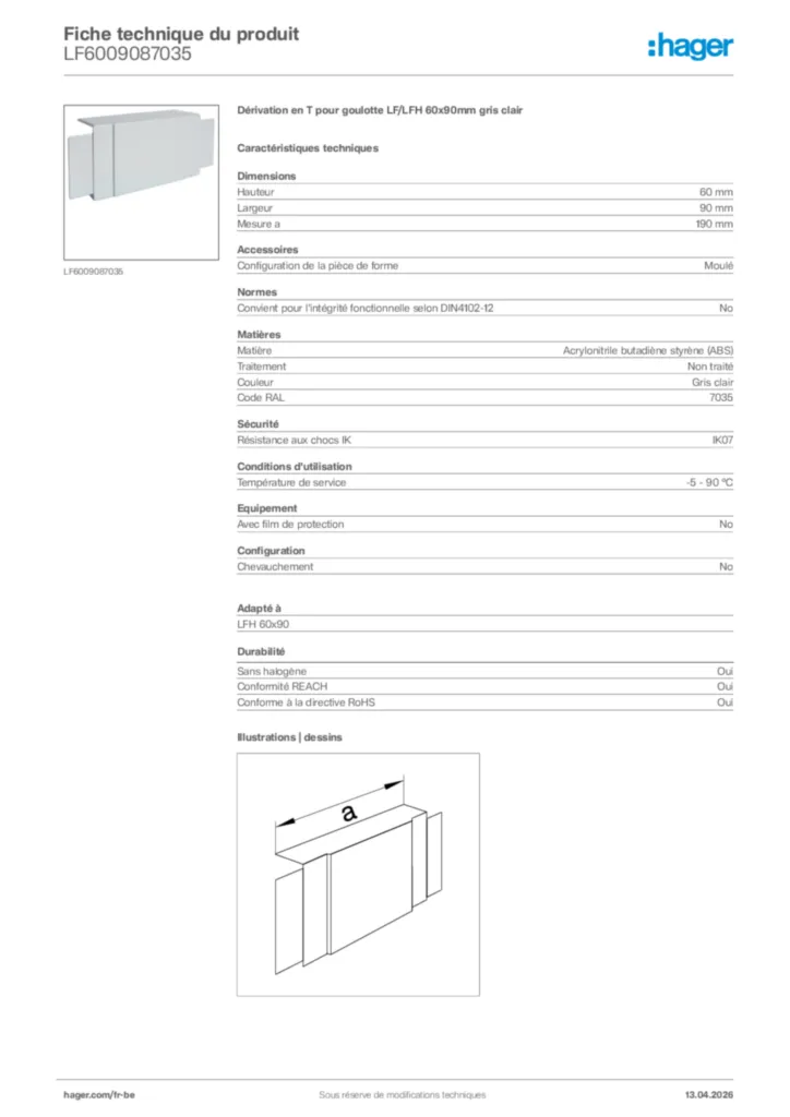 Image Hager Fiche technique du produit LF6009087035 | Hager Belgique