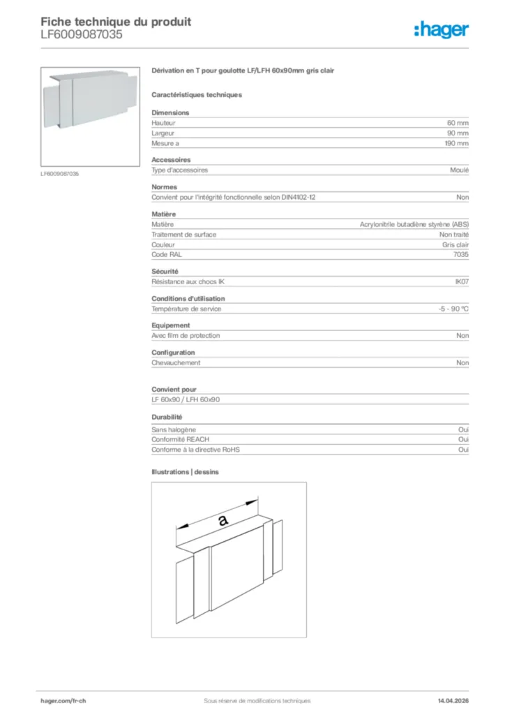 Image Hager Fiche technique du produit LF6009087035 | Hager Suisse