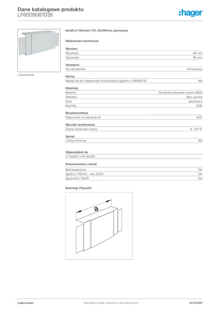 Zdjęcie Hager Karta katalogowa LF6009087035 | Hager Polska