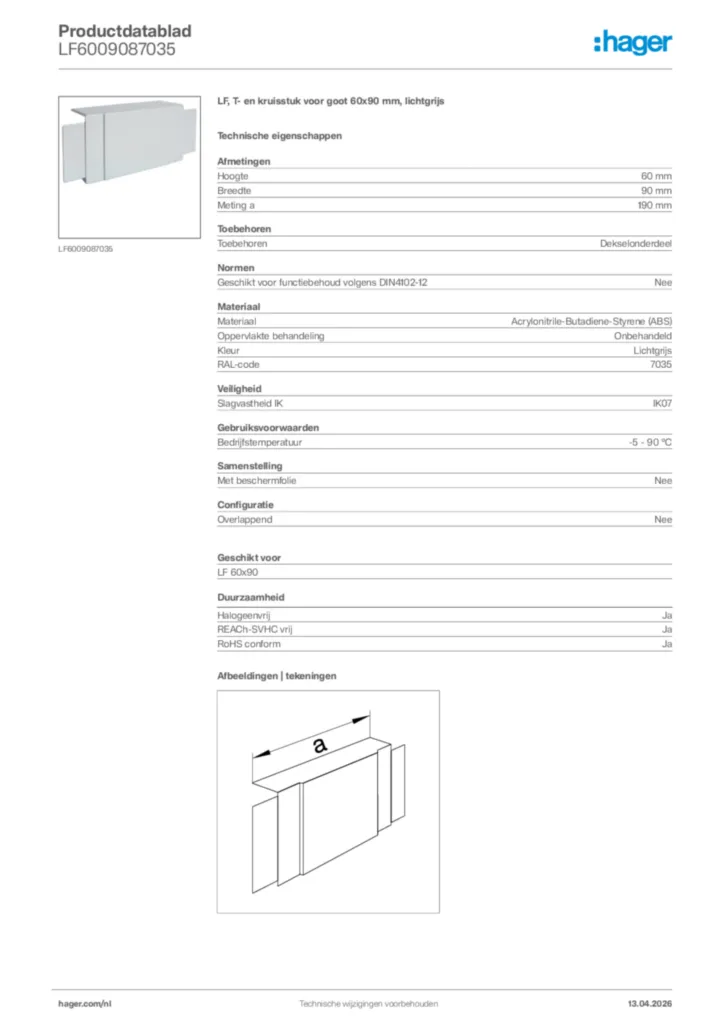 Afbeelding Hager Productdatablad LF6009087035 | Hager Nederland