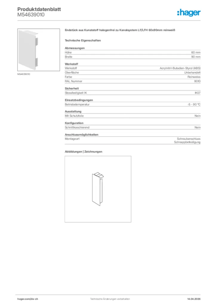 Bild Hager Produktdatenblatt M54639010 | Hager Schweiz