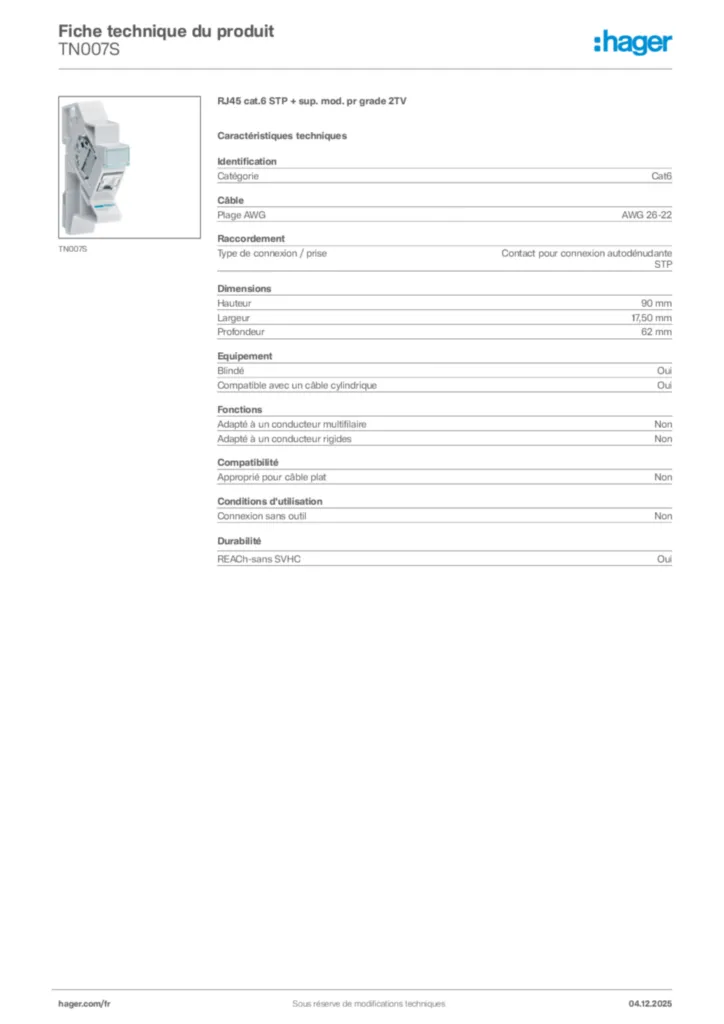 Image Hager Fiche technique du produit TN007S | Hager France