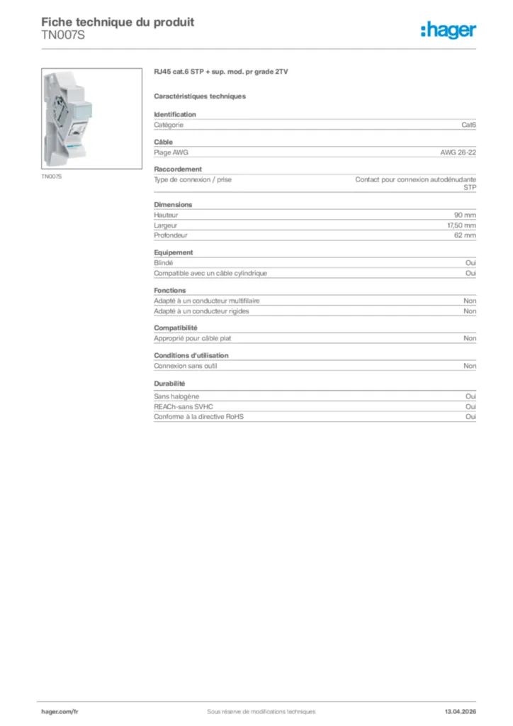 Image Hager Fiche technique du produit TN007S | Hager France