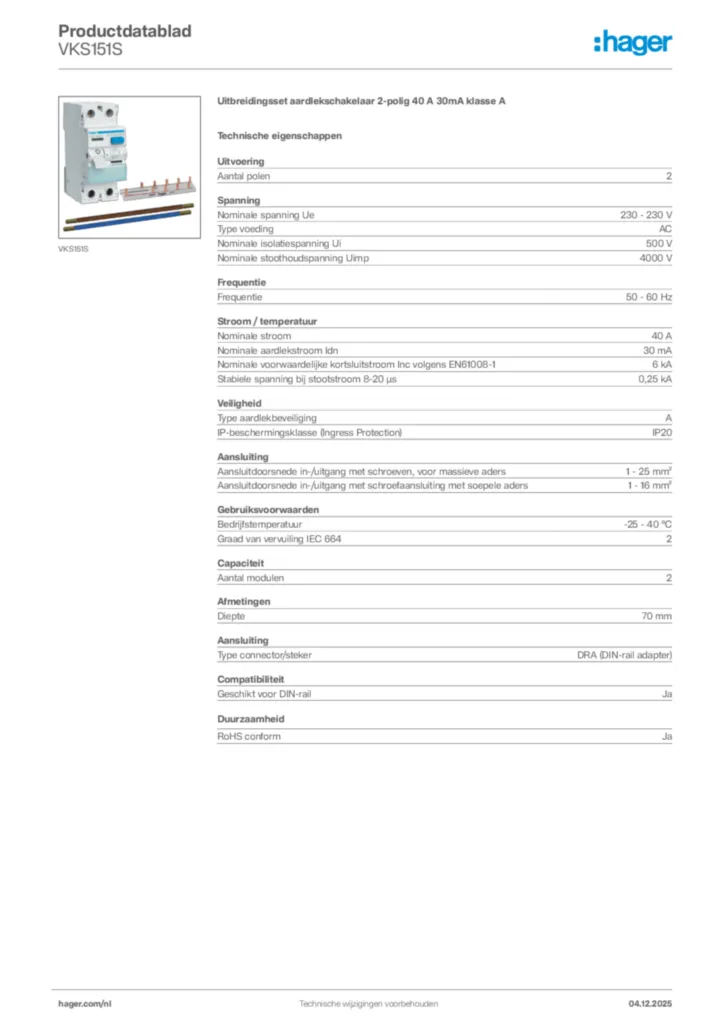 Afbeelding Hager Productdatablad VKS151S | Hager Nederland