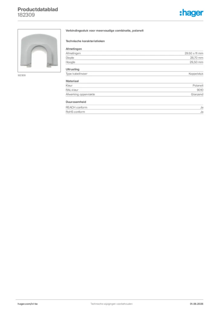 Afbeelding Hager Productdatablad 182309 | Hager Belgium