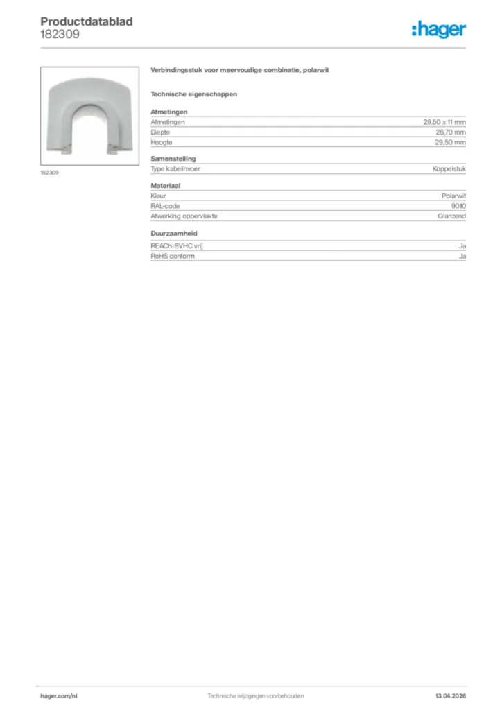 Afbeelding Hager Productdatablad 182309 | Hager Nederland