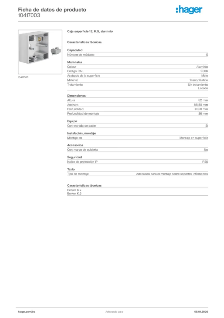 Imagen Hager Ficha de datos de producto 10417003 | Hager España