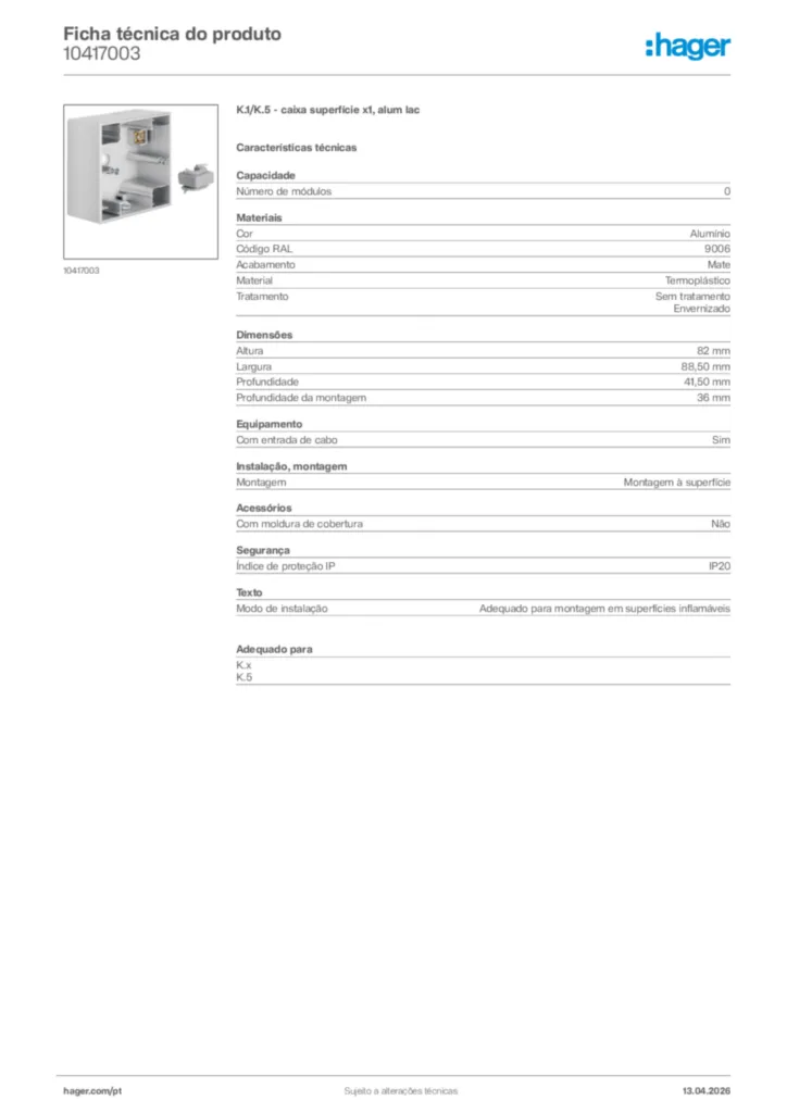 Imagem Hager Ficha técnica do produto 10417003 | Hager Portugal