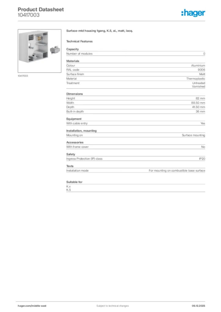 Image Hager Product data sheet 10417003  | Hager