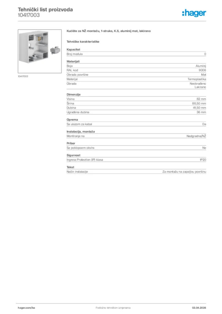 Slika Hager Tehnički list proizvoda 10417003  | Hager
