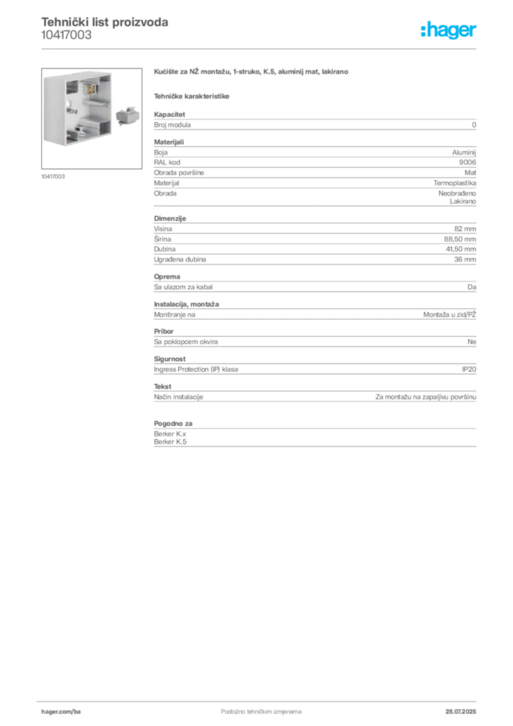 Slika Hager Product data sheet 10417003  | Hager