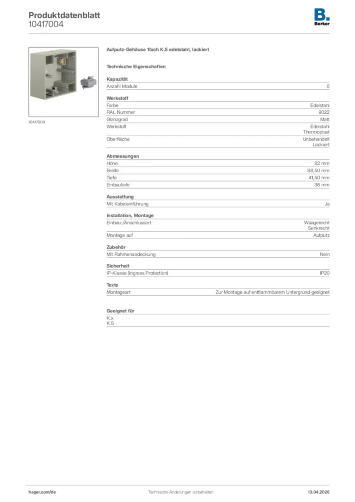 Bild Berker Produktdatenblatt 10417004 | Hager Deutschland