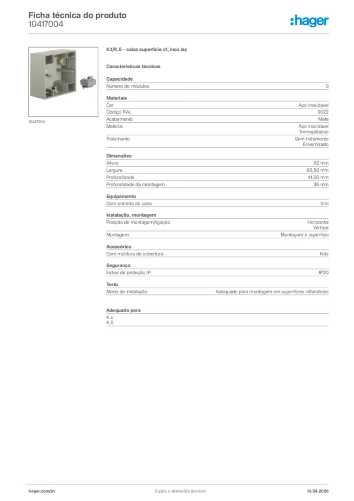 Imagem Hager Ficha técnica do produto 10417004 | Hager Portugal