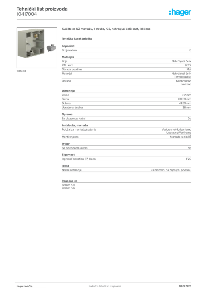 Slika Hager Product data sheet 10417004  | Hager