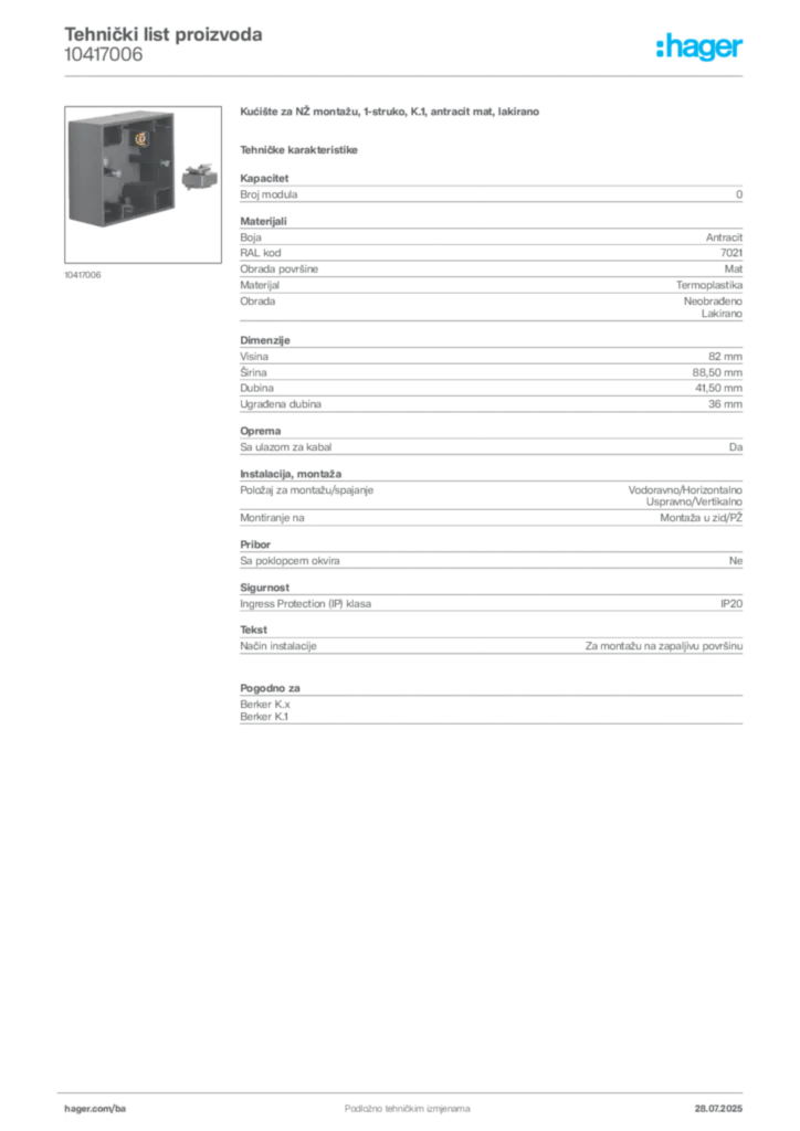 Slika Hager Product data sheet 10417006  | Hager