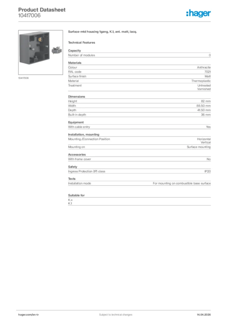 Image Hager Product data sheet 10417006  | Hager
