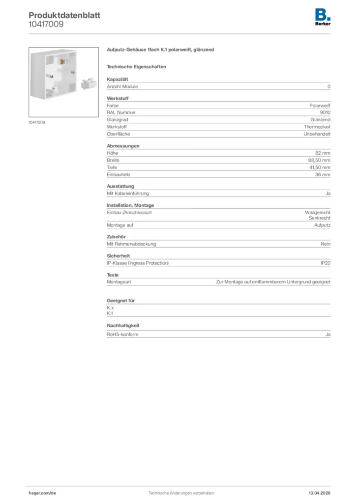 Bild Berker Produktdatenblatt 10417009 | Hager Deutschland