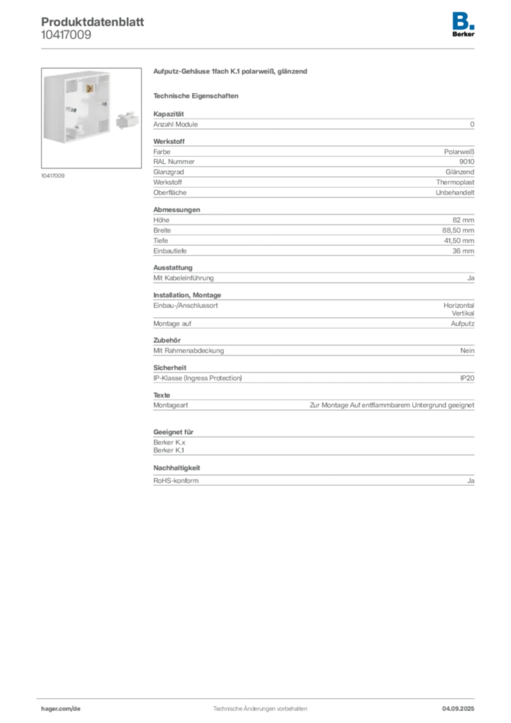 Bild Berker Produktdatenblatt 10417009 | Hager Deutschland