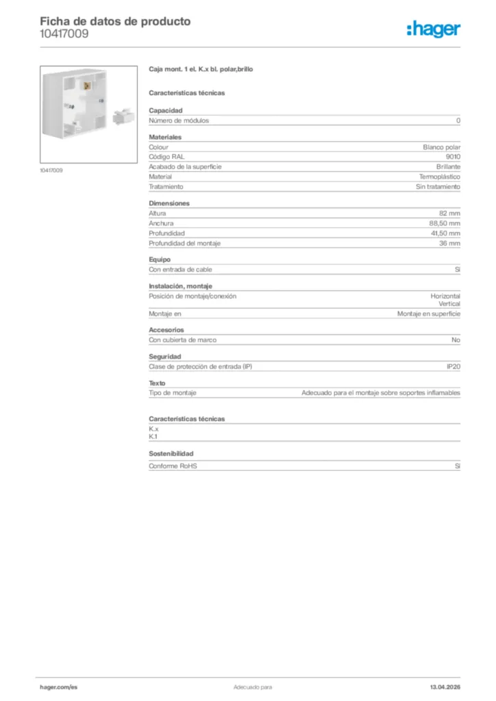 Imagen Hager Ficha de datos de producto 10417009 | Hager España
