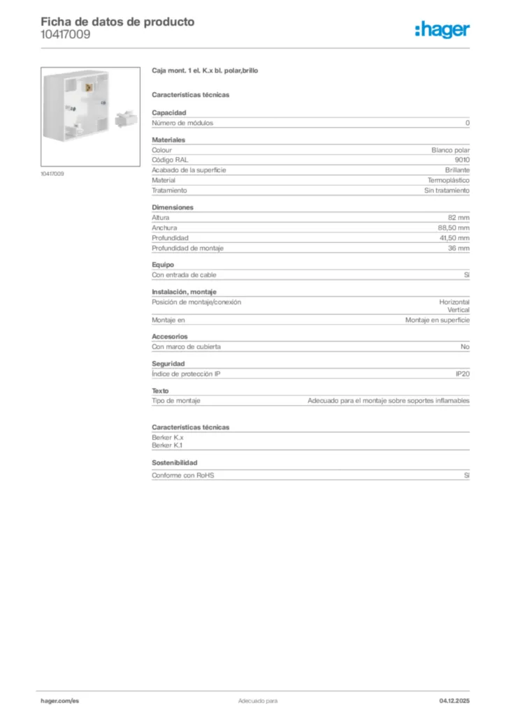 Imagen Hager Ficha de datos de producto 10417009 | Hager España