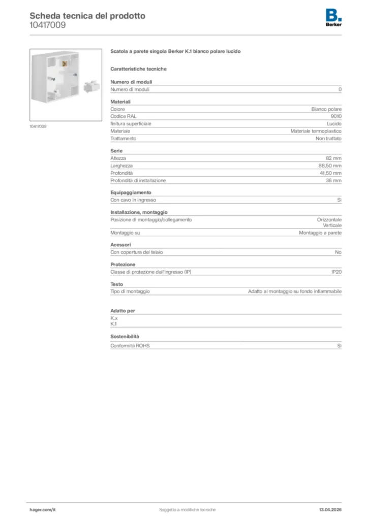 Immagine Berker Scheda tecnica del prodotto 10417009 | Hager Italia