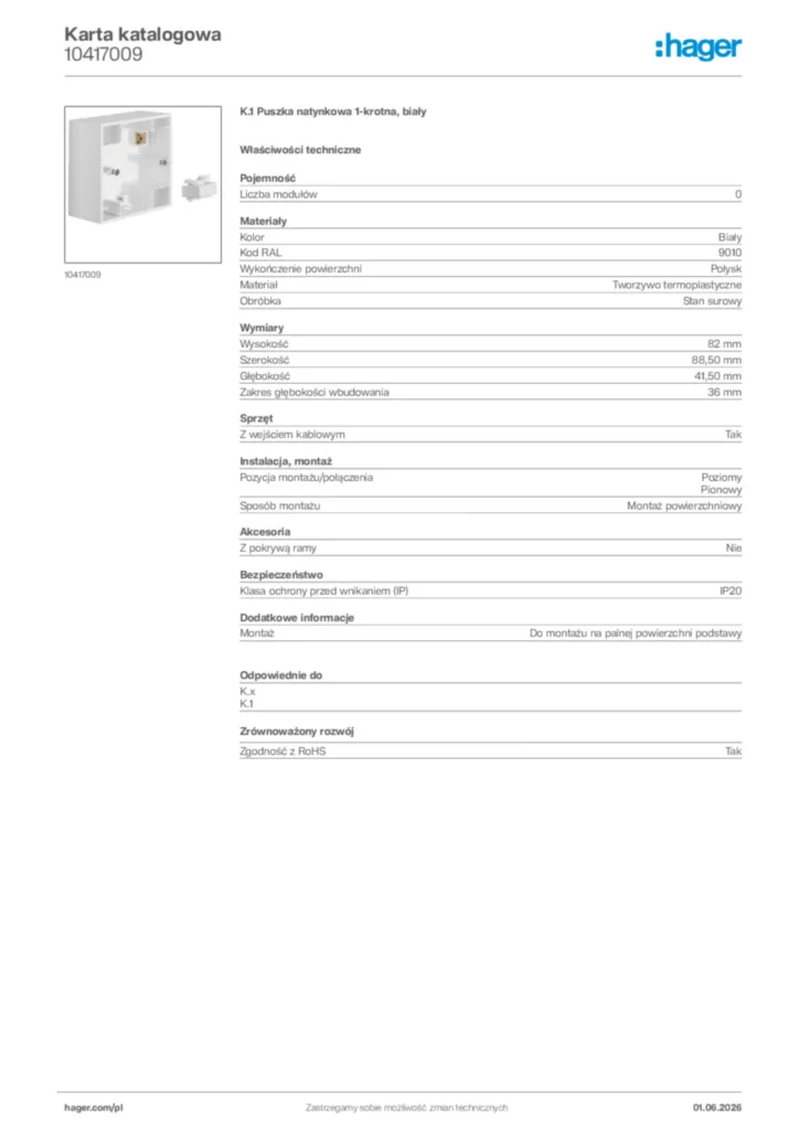 Zdjęcie Hager Karta katalogowa 10417009 | Hager Polska