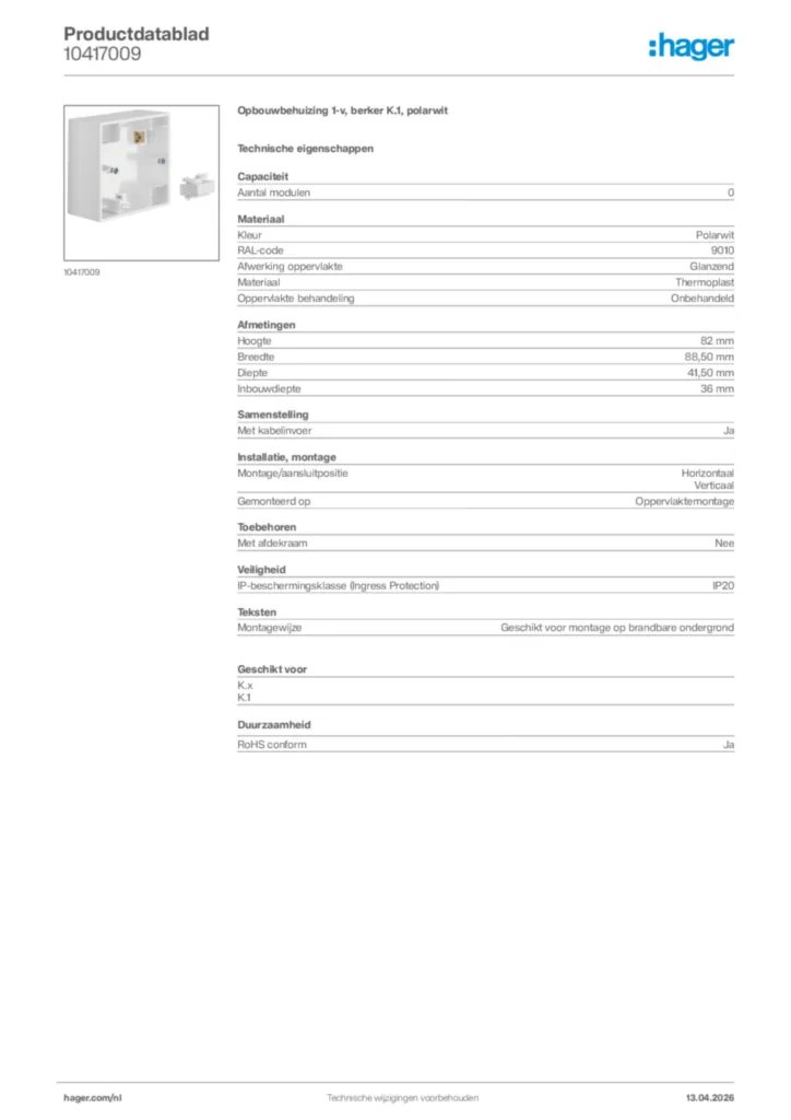 Afbeelding Hager Productdatablad 10417009 | Hager Nederland