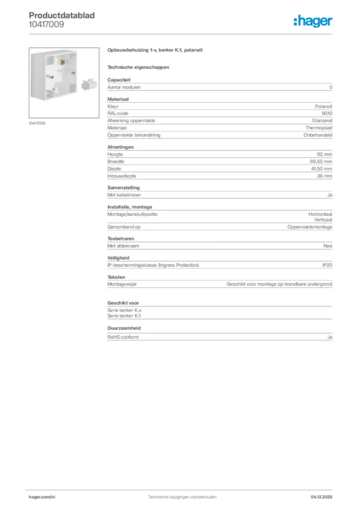 Afbeelding Hager Productdatablad 10417009 | Hager Nederland