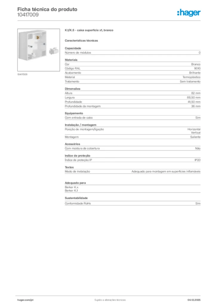 Imagem Hager Ficha técnica do produto 10417009 | Hager Portugal