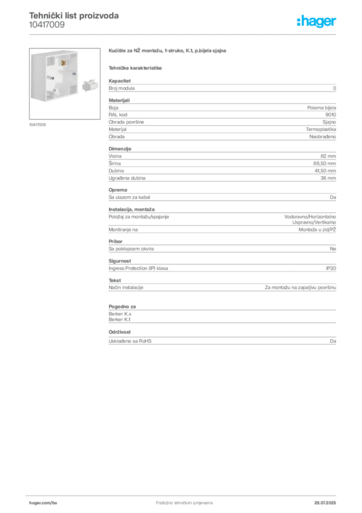 Slika Hager Product data sheet 10417009  | Hager