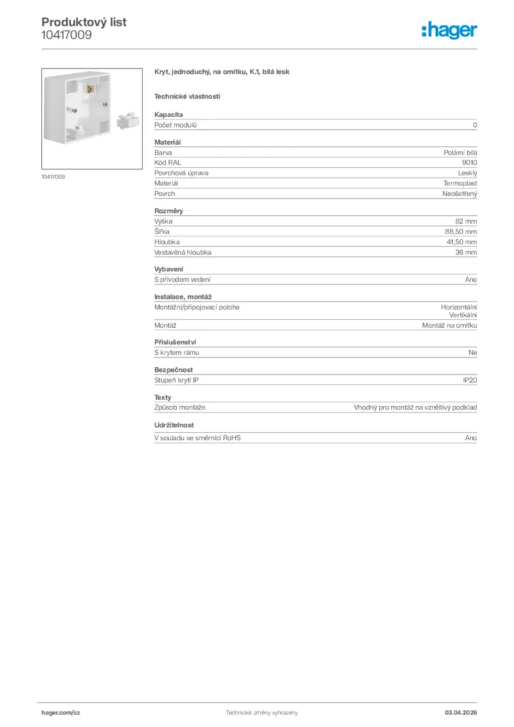 Obrázek Hager Product data sheet 10417009 | Hager